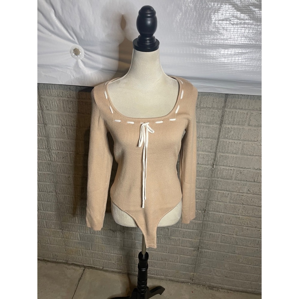 Le Lis Collection Long Sleeve Square Neck Bodysuit Beige Ribbon‎ Tie Women's L